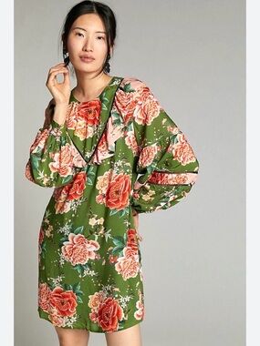 Anthropologie Floral Green Dress with Coral and Pink Blooms